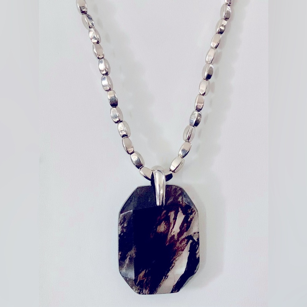 🤎 NWT Marbled Agate Pendant Necklace with Rectangular Beaded Enamel Chain - Picture 2 of 6